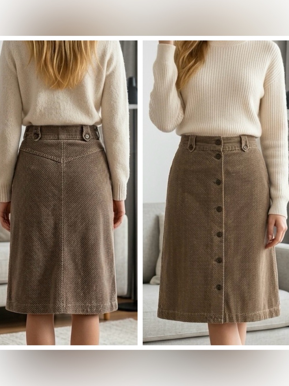 HENNES Women’s Vintage 90’s Sz 38 or Sz 4 Corduroy buttoned Skirt Olive Brown